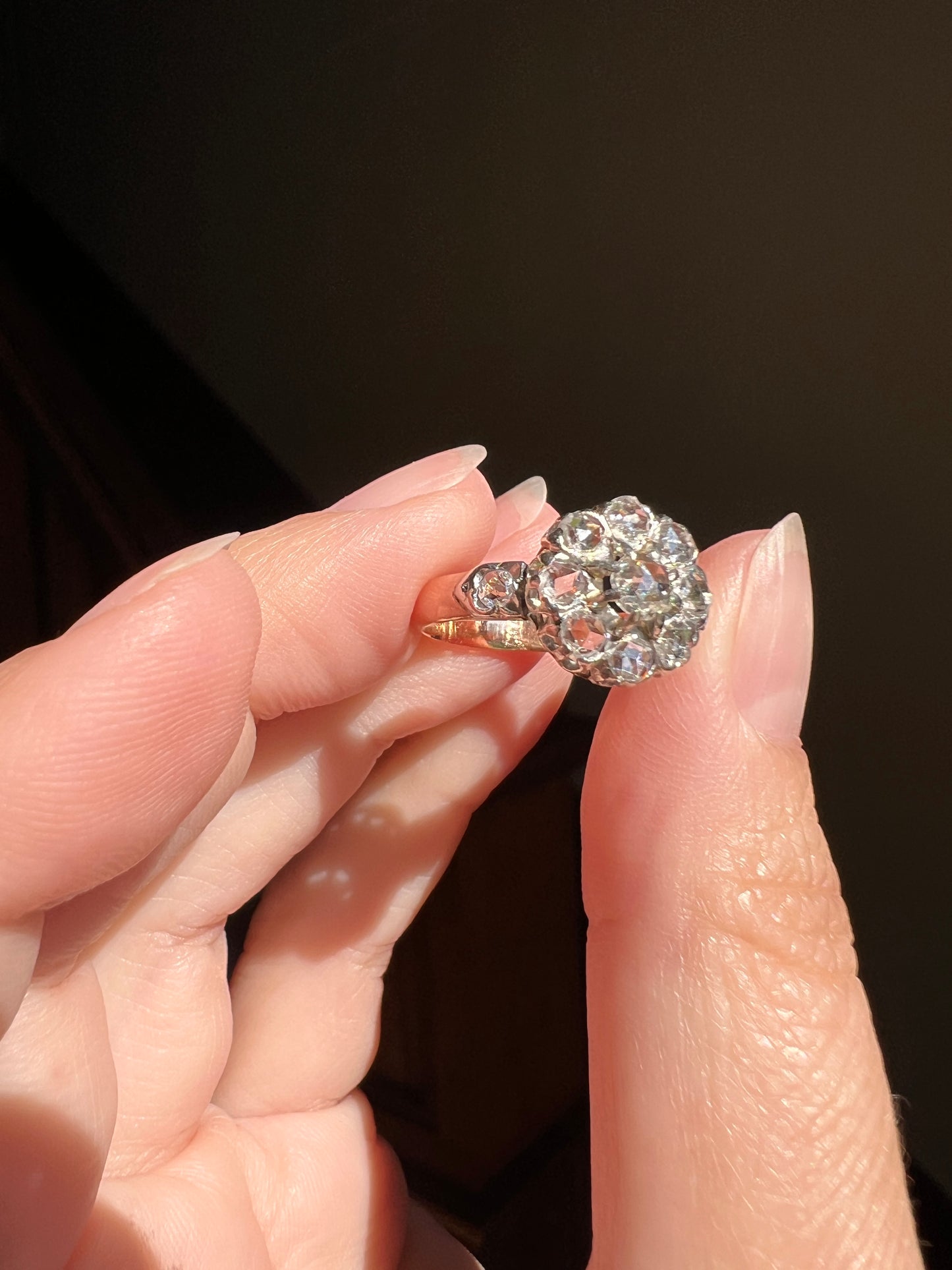 Antique Rose Cut DIAMOND Daisy Cluster Ring French Victorian ANTIQUE 18k Rose Gold & PLATINUM