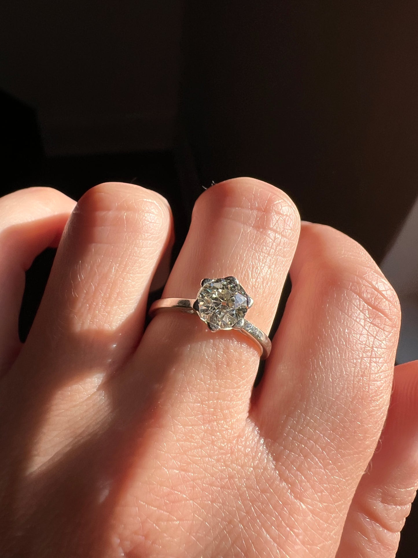 Antique 1 CARAT Old Mine Cut DIAMOND Solitaire Engagement Ring 18k White Gold PLATINUM French Art Deco Warm Very Pale Yellow Tall