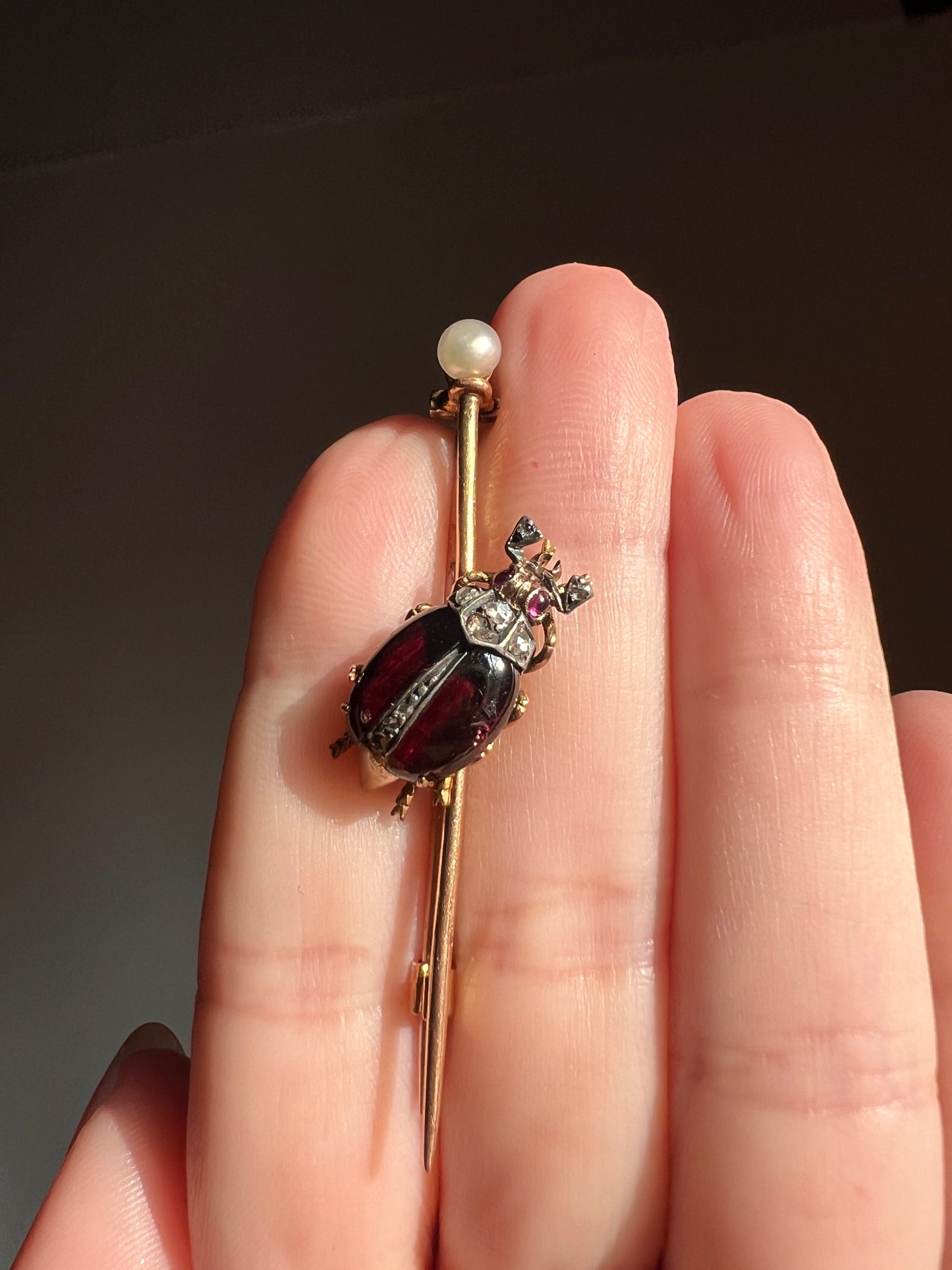 BUG Beetle GARNET Wing Rose Cut Diamond French Antique Victorian Figural Pin Brooch for Pendant 18k Gold