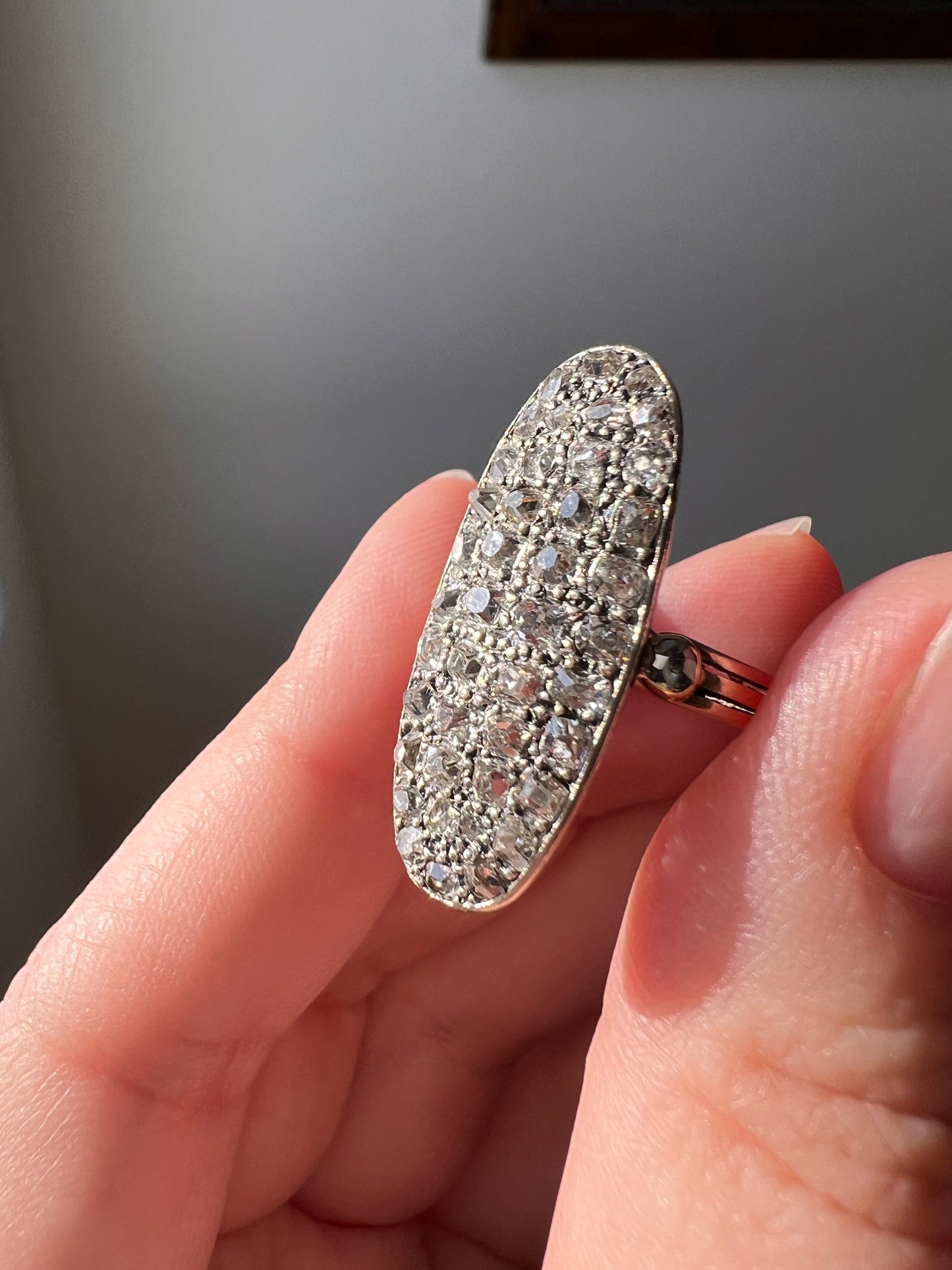 Large Oval French ANTIQUE 1.6 Carat 44 TALL Old Mine Cut DIAMOND Pave Cluster Ring 14k Gold