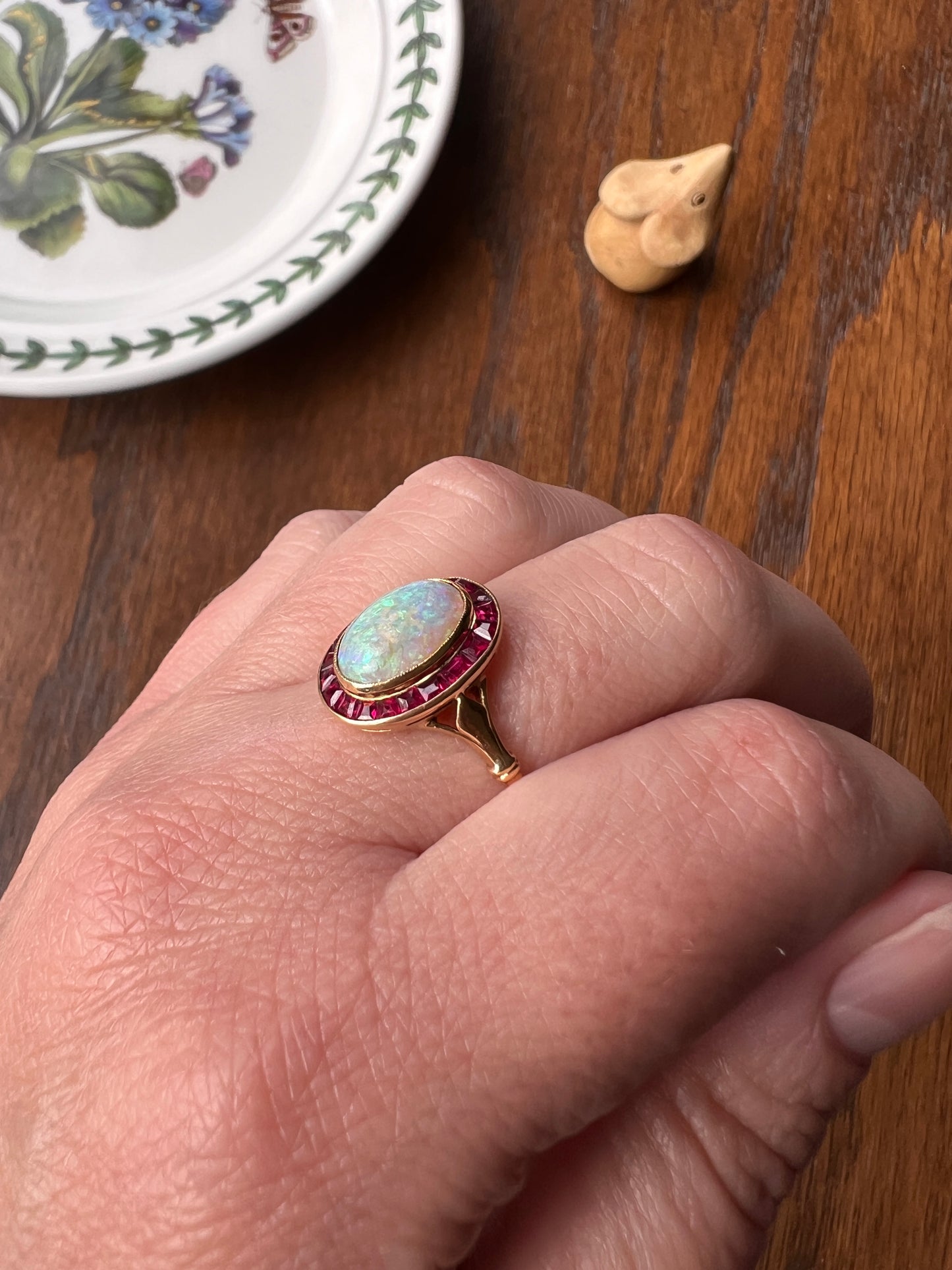 BLUE Opal Carre Cut RUBY HALO Ring French Antique 18k Gold Geometric Bullseye Target