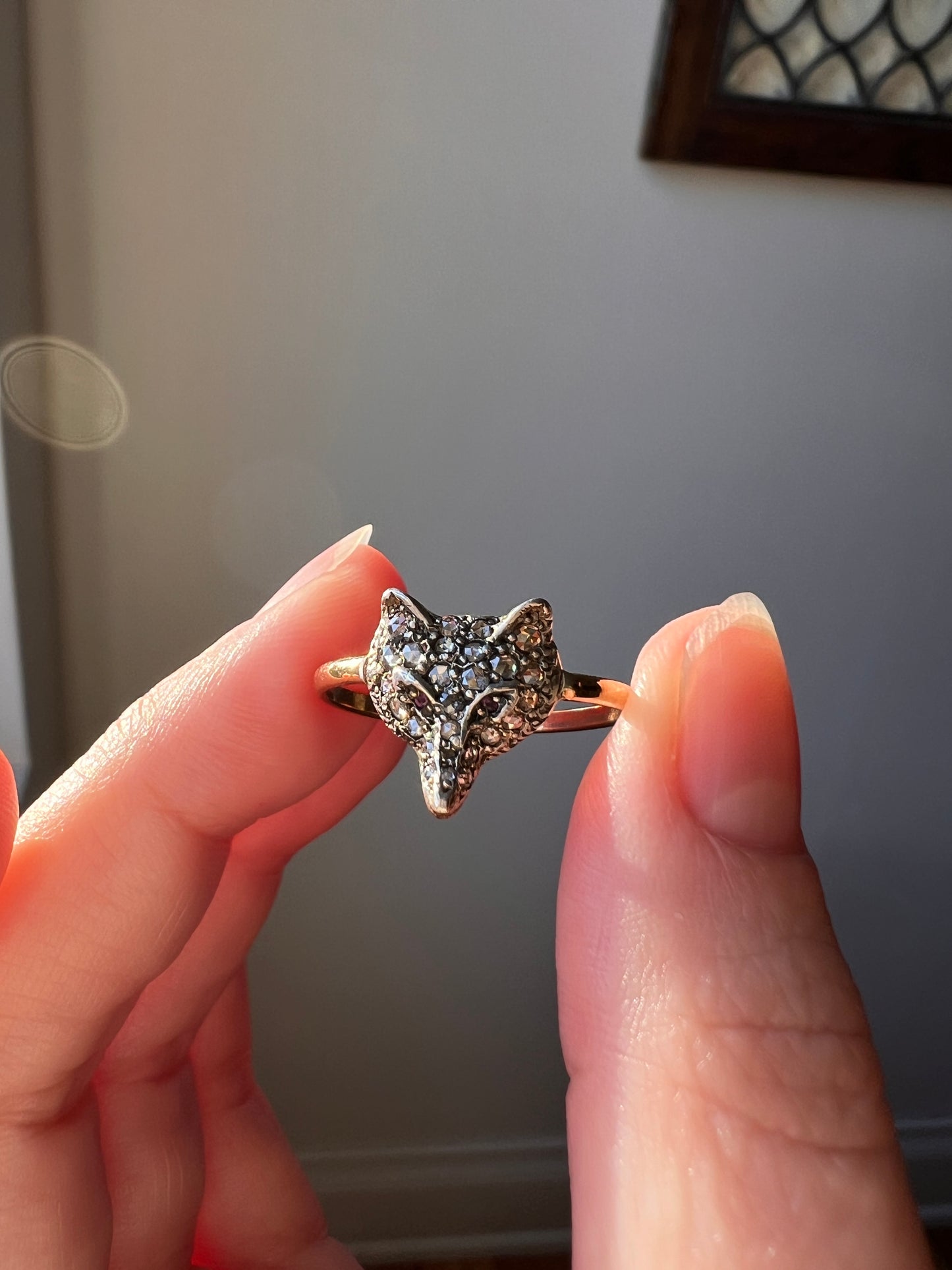 FOX Victorian ANTIQUE Rose Cut Diamonds RUBY Eyes All Original Figural Ring 15k Gold Silver