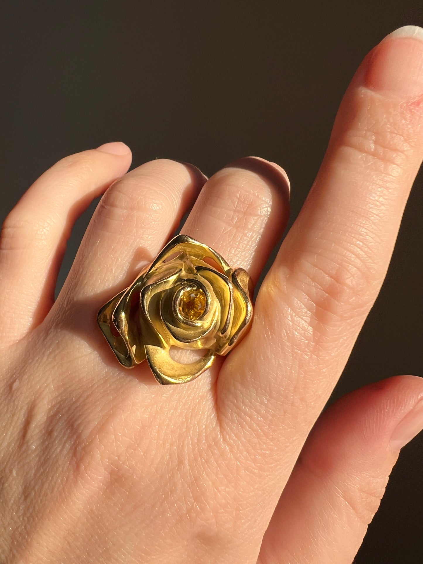 XL Figural ROSE Ring Very HEAVY 17.1g 18k Gold Solid Vintage Floral Yellow Sapphire Chunky