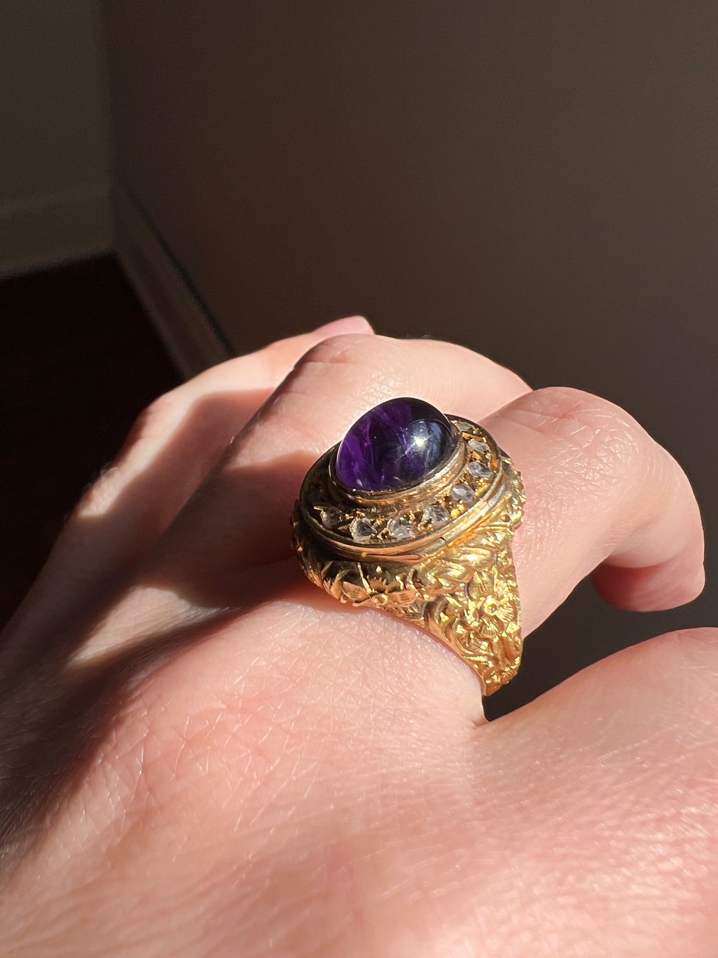 Heavy Vintage to Antique LOCKET Poison Ring Glowing Amethyst Top OPENS 18k Gold Purple Floral Rose Cut DIAMOND Halo