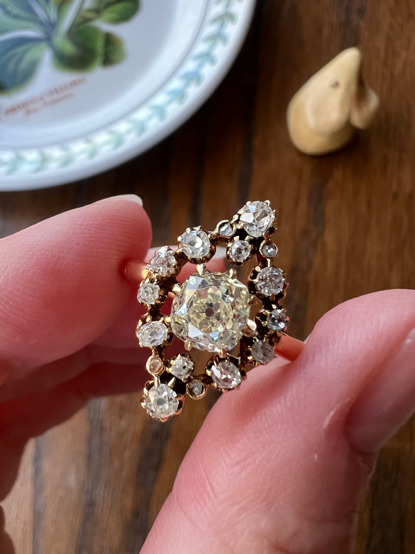 Antique 1.15 Carat Pale Light YELLOW & White Old Mine Cut DIAMOND Halo Cluster Ring 18k Gold