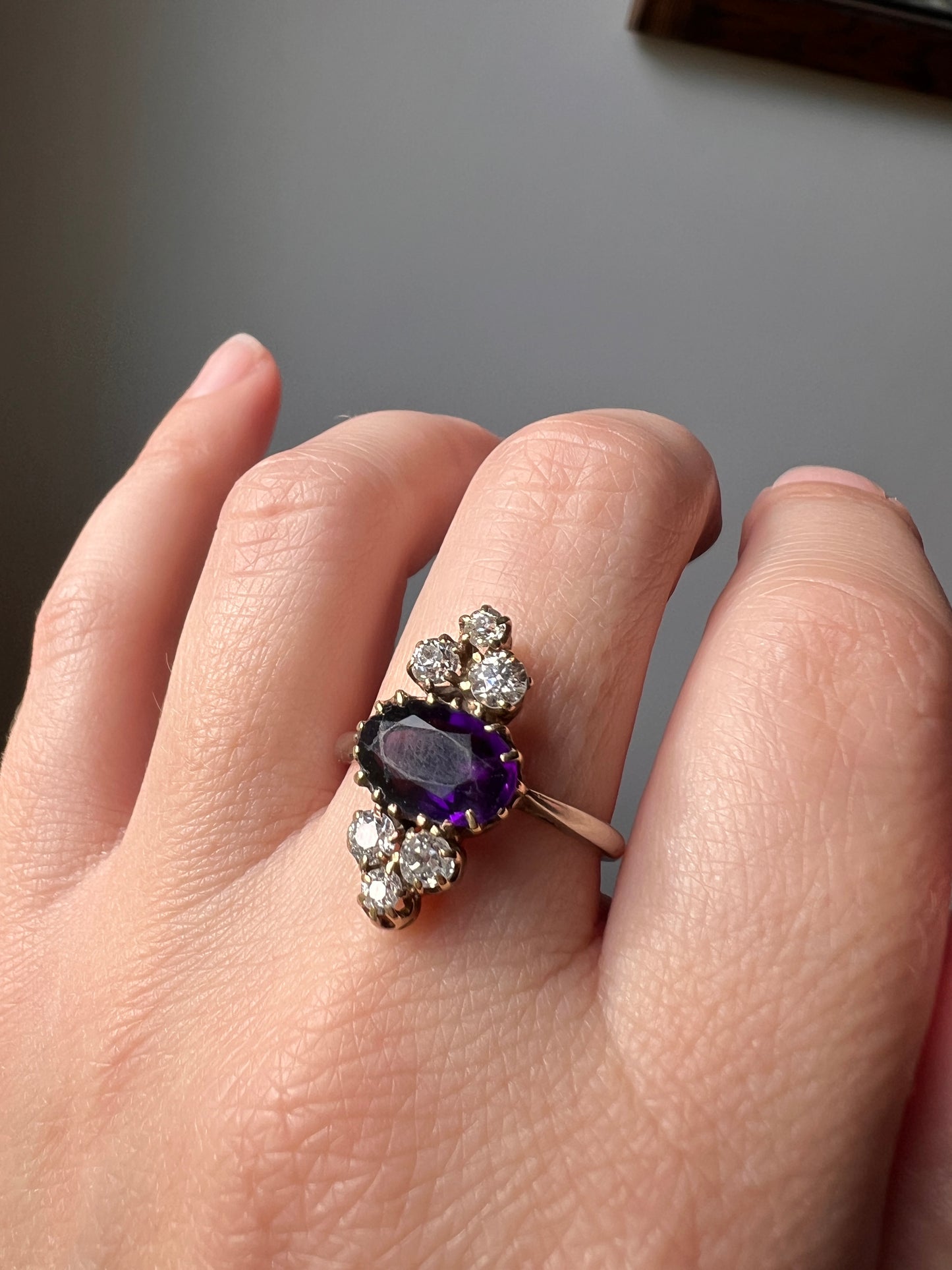 AMETHYST .5 Carat Old Mine Cut DIAMOND Seven Stone Tiara Ring 18k Yellow & White Gold Crowned Purple Oval