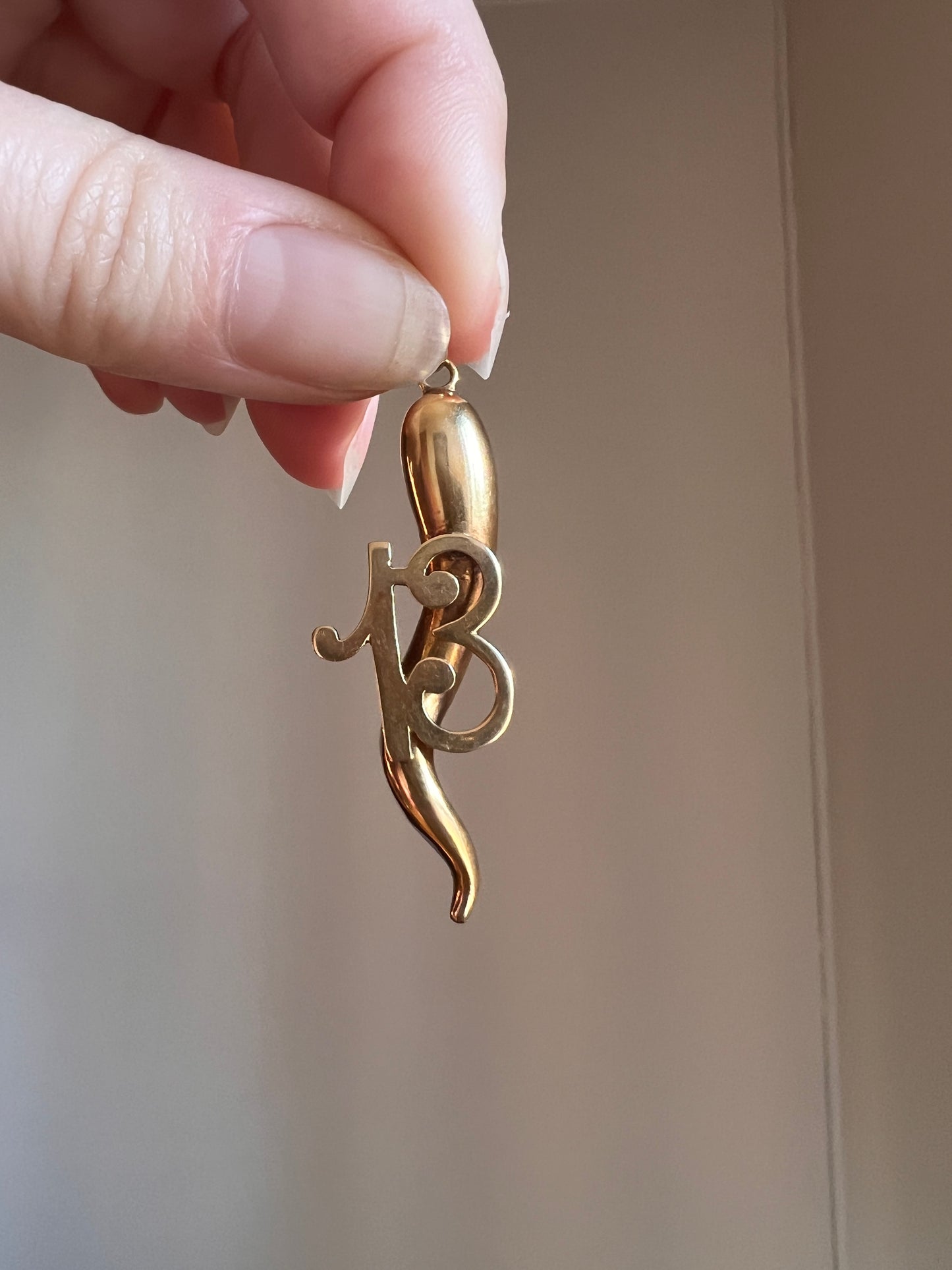 HORN Vintage to Antique Lucky Number # 13 Larger Figural PENDANT 14k Gold French Good Luck Gift Thirteen Amulet