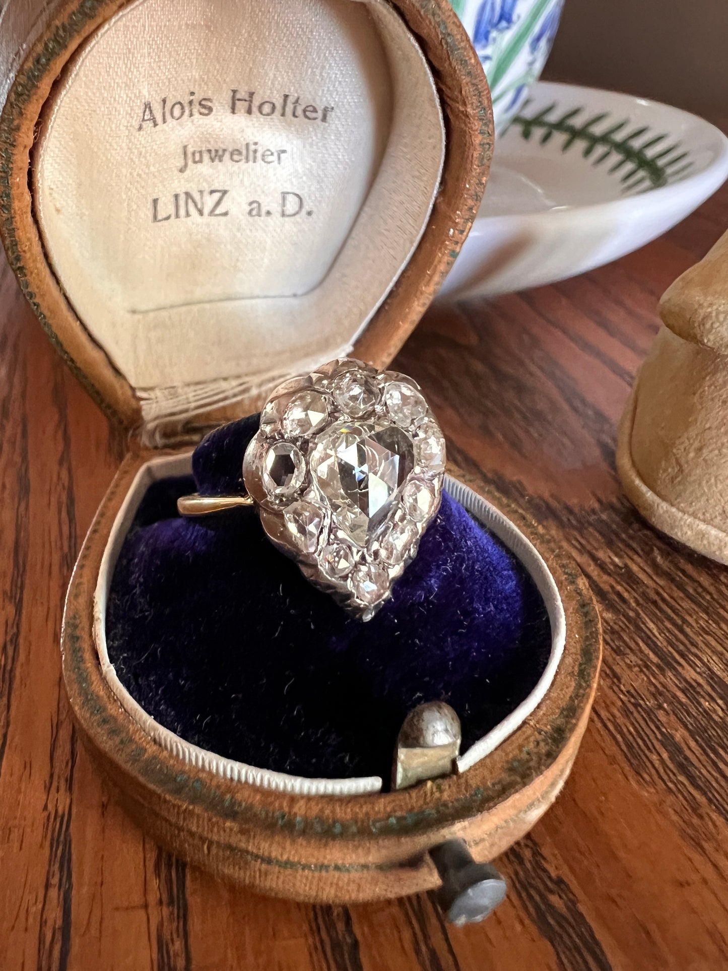 Large PEAR French Antique Georgian Victorian 1.5Ctw + Rose Cut DIAMOND Cluster Ring Halo 18k Gold Silver