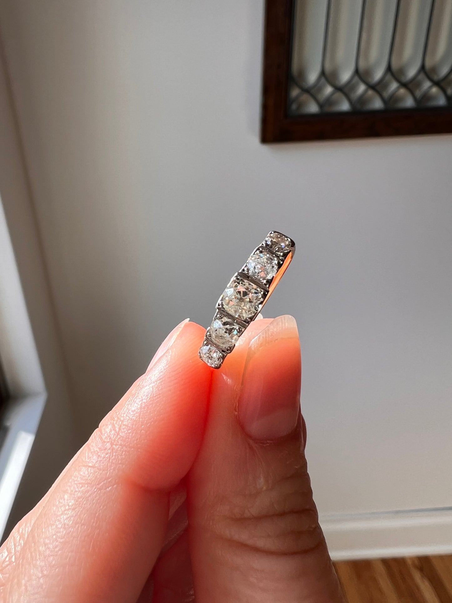 FIVE Stone 0.9 Carat Old Mine Cut DIAMOND Ring Antique 18k Gold Edwardian Stacker Band