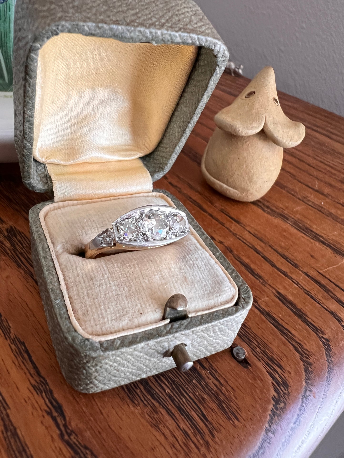 Three Stone 1.1 Carat Old Mine Cut DIAMOND Ring Rose Accents French ANTIQUE Boat 18k Gold PLATINUM Tall Stacker