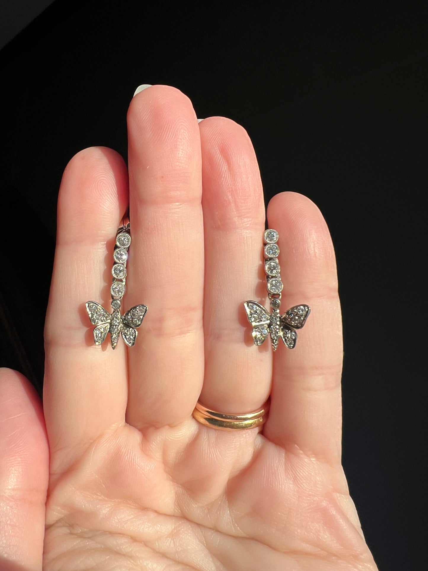 BUTTERFLIES .7 Carat Diamond Vintage Dangle Drop Earrings 14k White Gold Figural Butterfly Sparkle