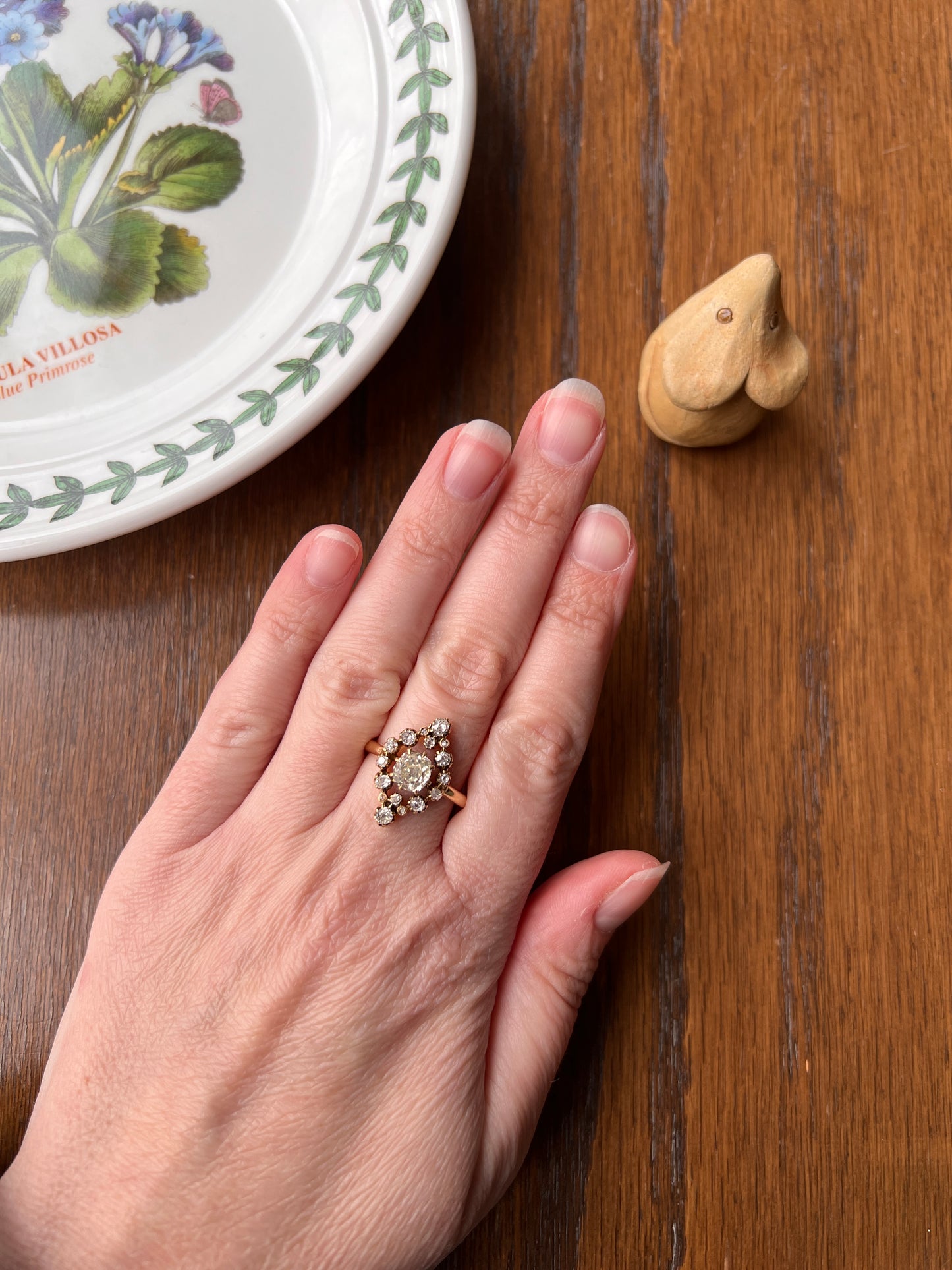 Antique 1.15 Carat Pale Light YELLOW & White Old Mine Cut DIAMOND Halo Cluster Ring 18k Gold