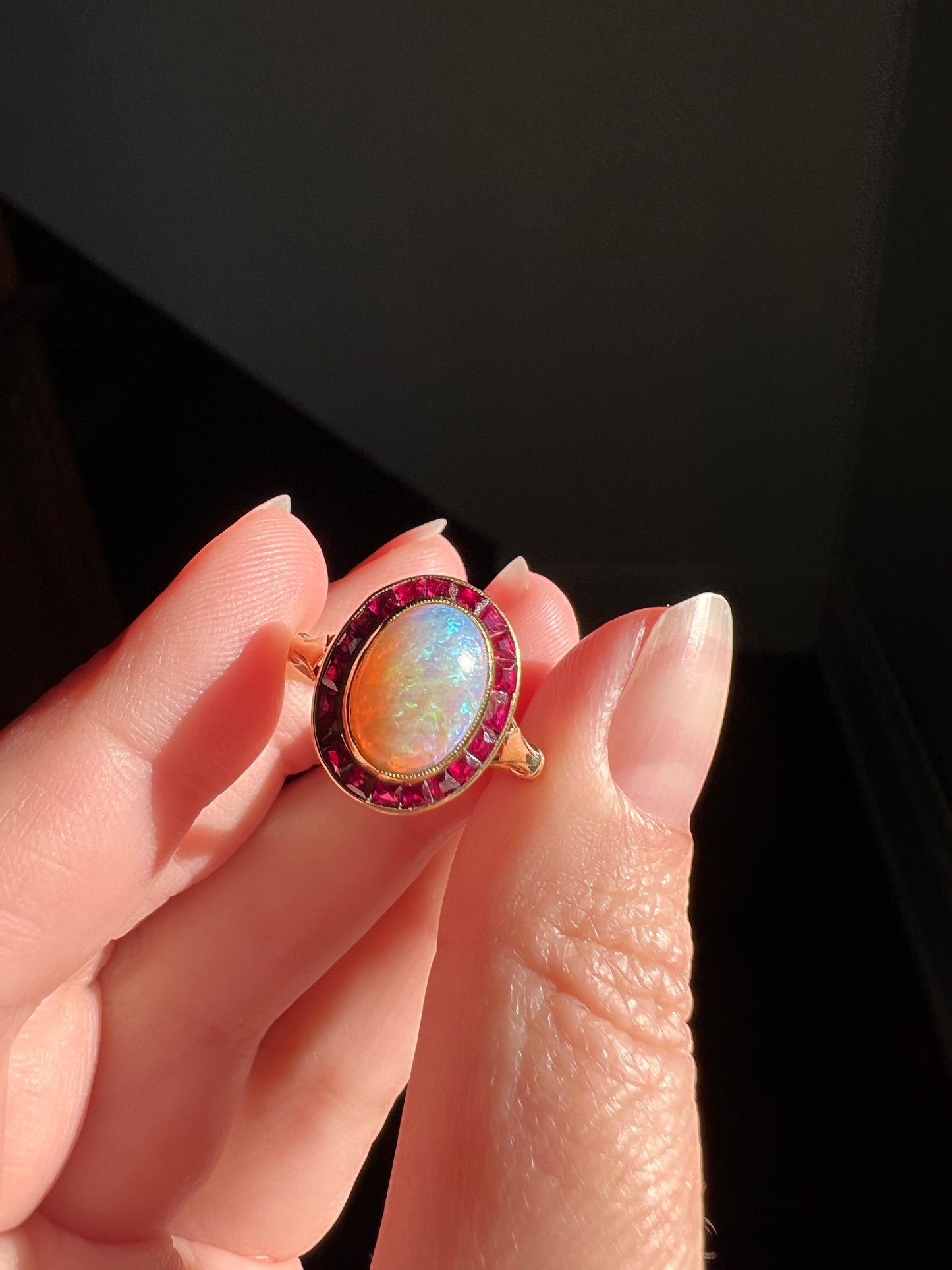 BLUE Opal Carre Cut RUBY HALO Ring French Antique 18k Gold Geometric Bullseye Target