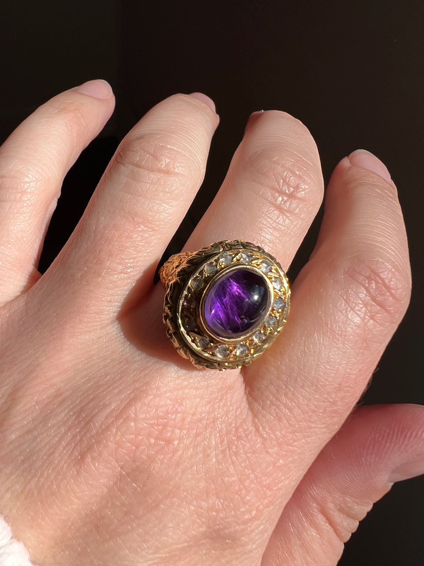 Heavy Vintage to Antique LOCKET Poison Ring Glowing Amethyst Top OPENS 18k Gold Purple Floral Rose Cut DIAMOND Halo