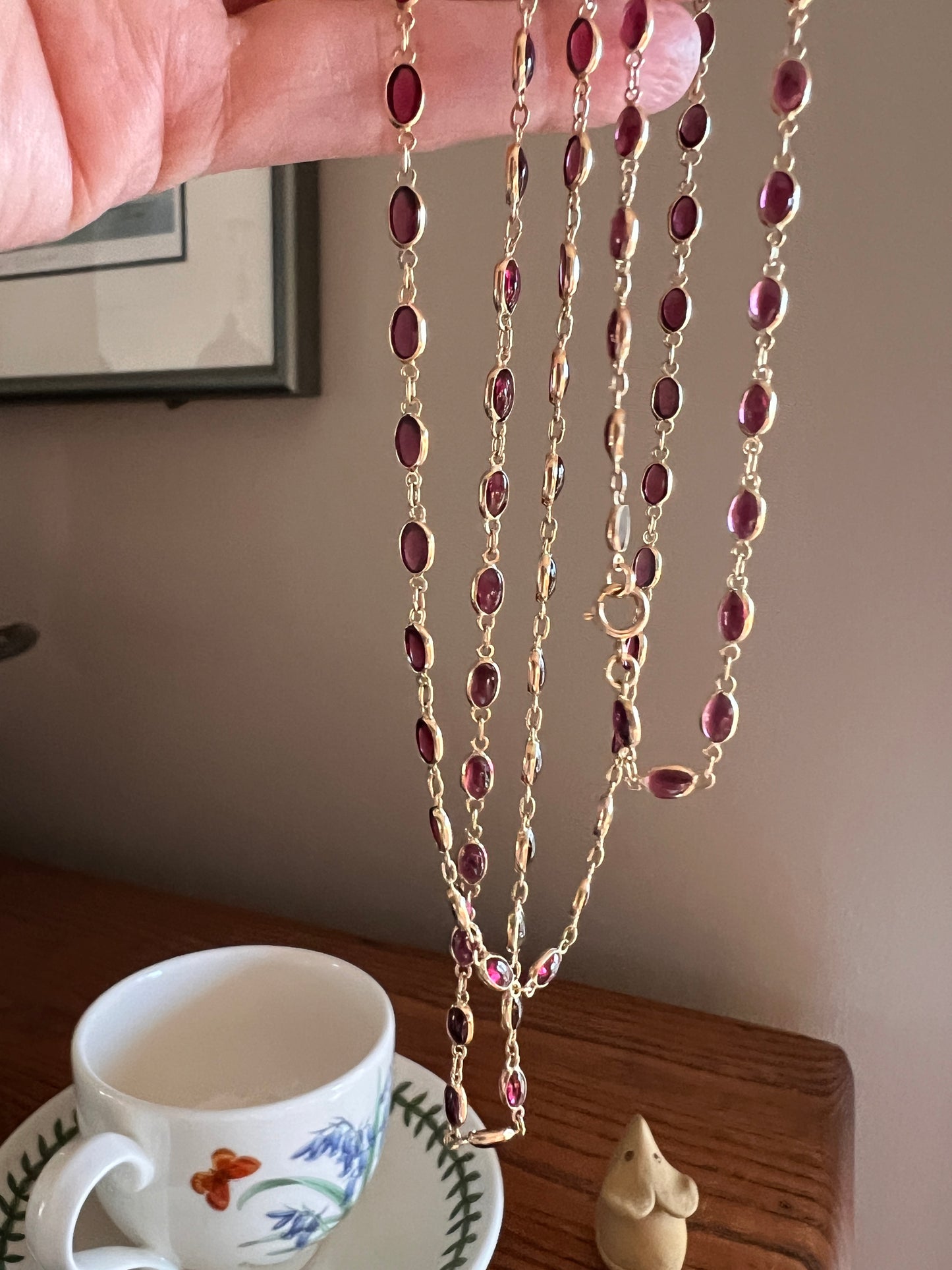 Gorgeous Vintage GARNET Station Chain Long Guard 14k GOLD Necklace