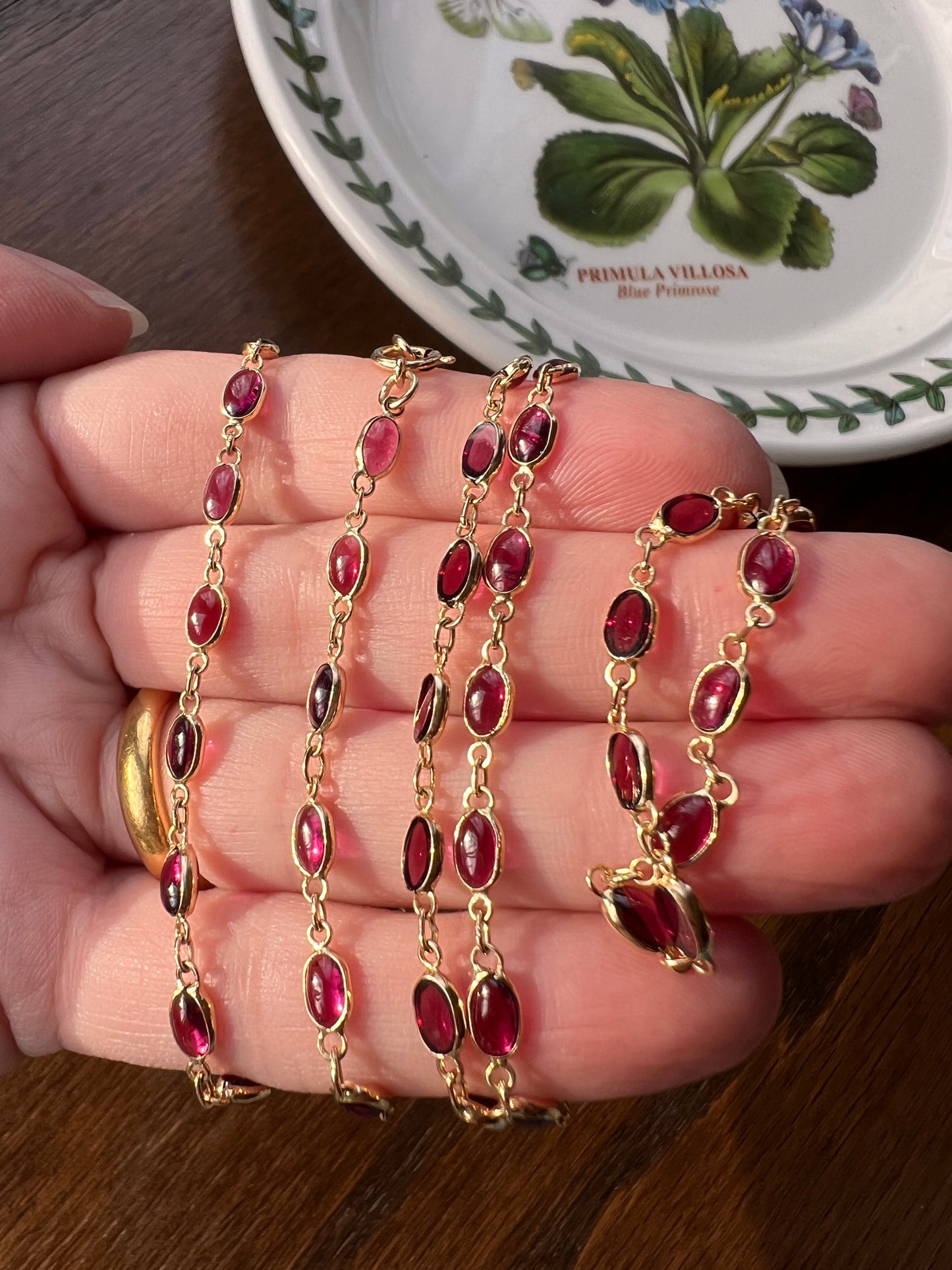 Gorgeous Vintage GARNET Station Chain Long Guard 14k GOLD Necklace