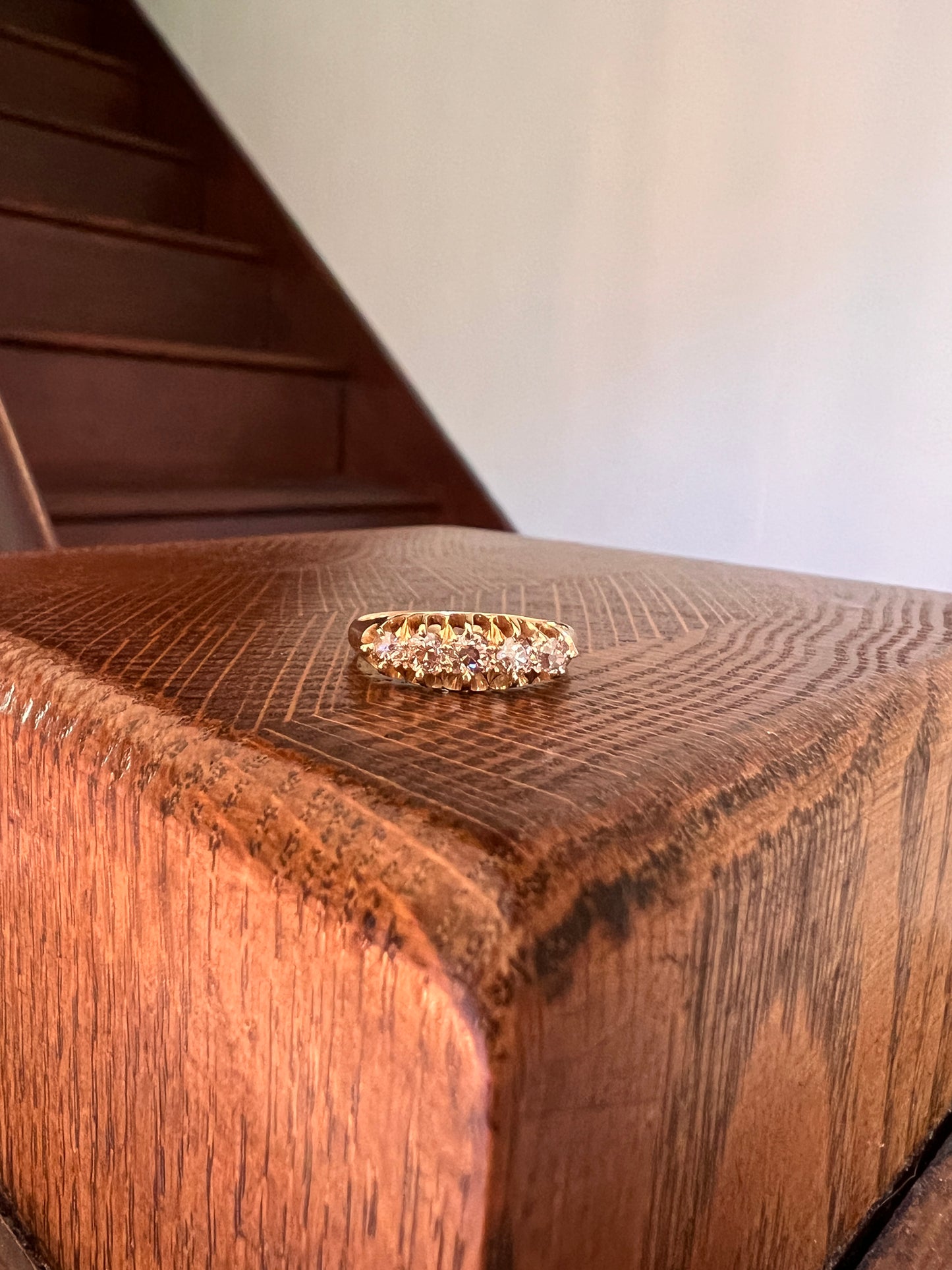 CHAMPAGNE Old Mine Cut Diamond ANTiQUE Band Ring .5ctw Five Stone Buttercup 18k GOLD Victorian Stacker