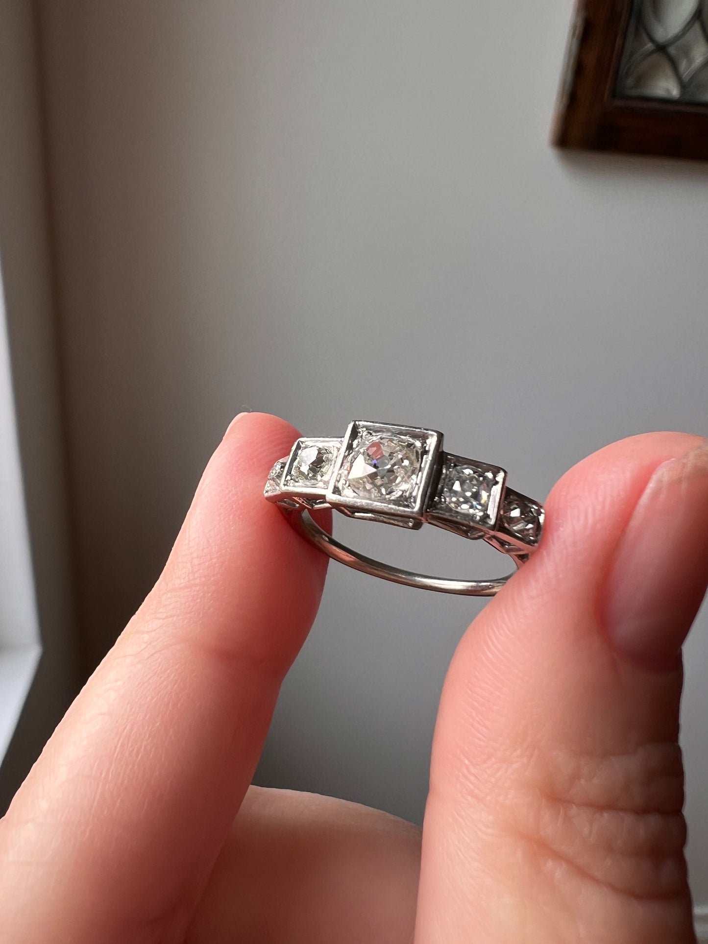 FIVE Stone .85 Carat Old Mine Cut DIAMOND Ring French ANTIQUE Stepped Squares 18k White Gold Stacker