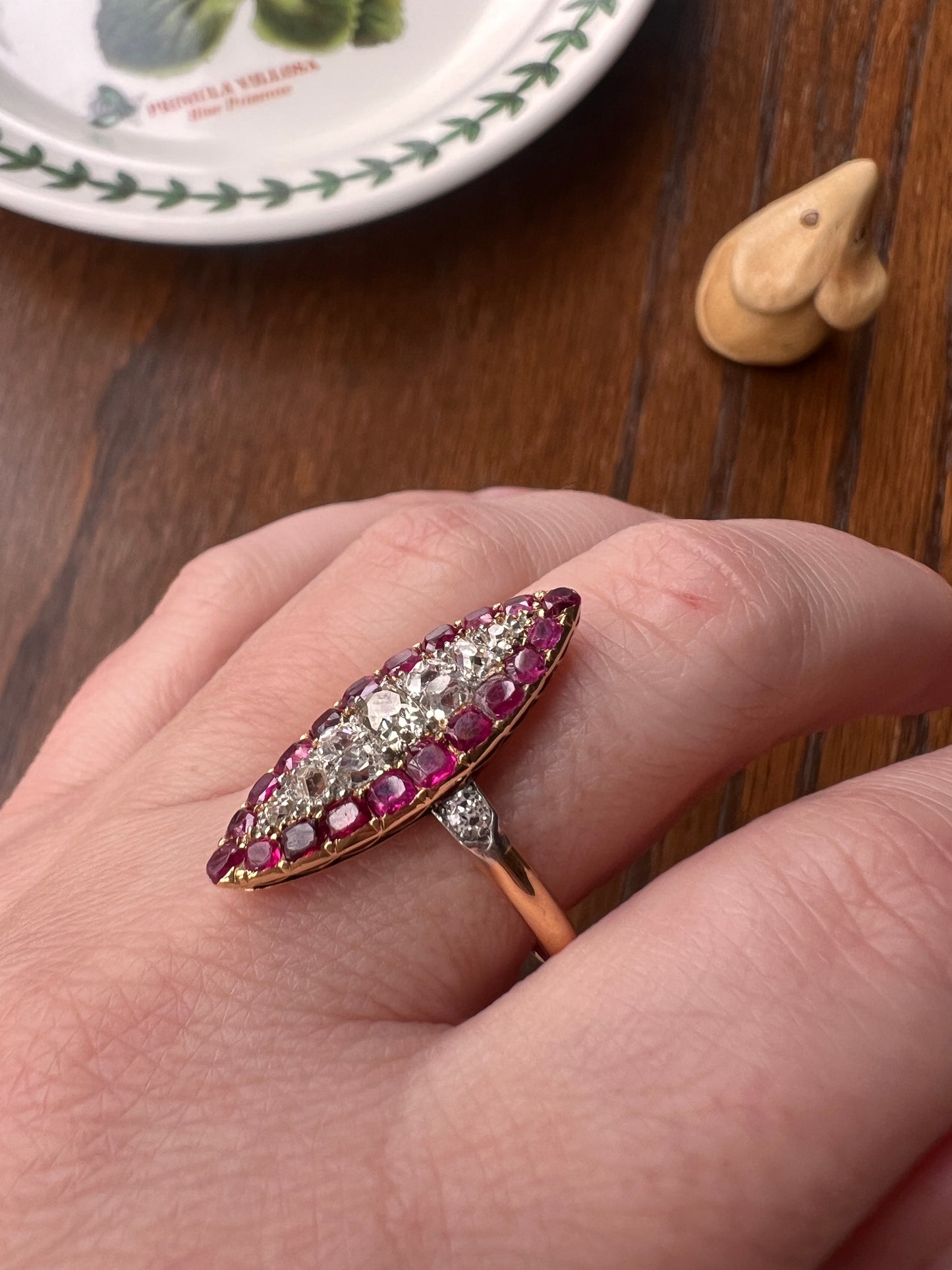 Awesome .7 Carat Oval Old Mine Cut DIAMOND Natural RUBY Pink Halo French Antique Navette Ring 18k Gold