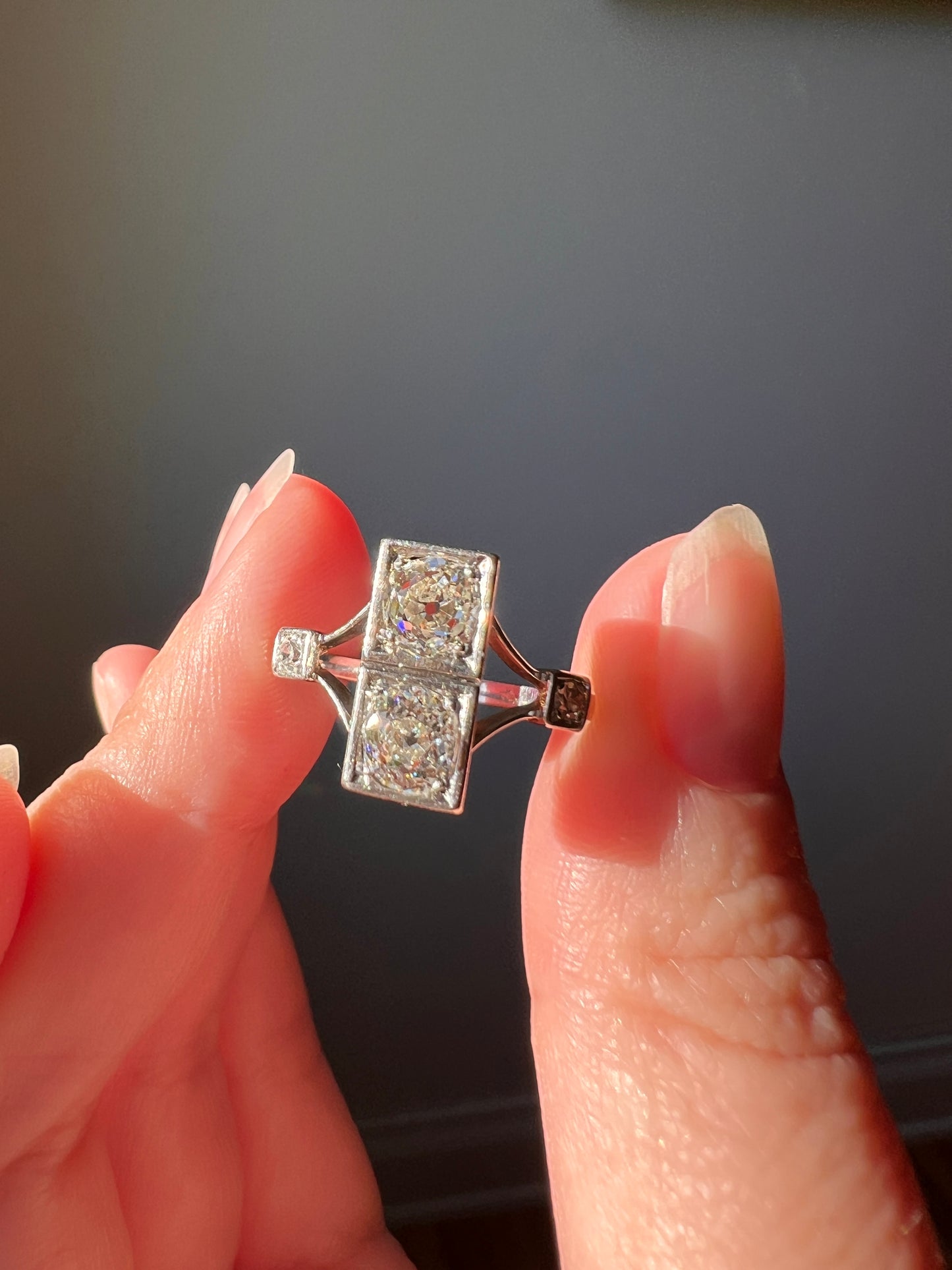 Toi et Moi Rectangular 1.5 Carat Old Mine Cut DIAMOND Two Stone 18k White Gold PLATINUM Geometric Ring