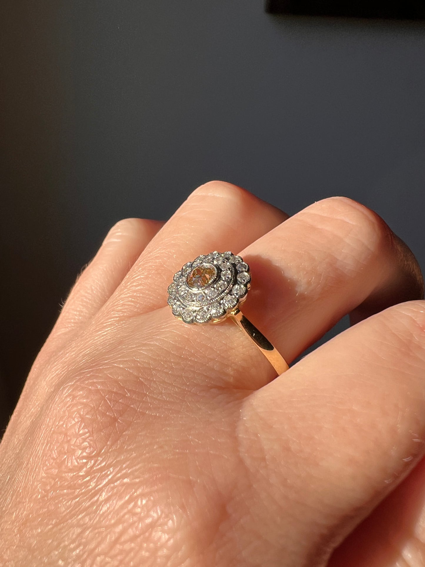 Peachy Fancy Brown Old Mine Cut DIAMOND White Double Halo Ring 18k Gold Champagne Peach Two Tone