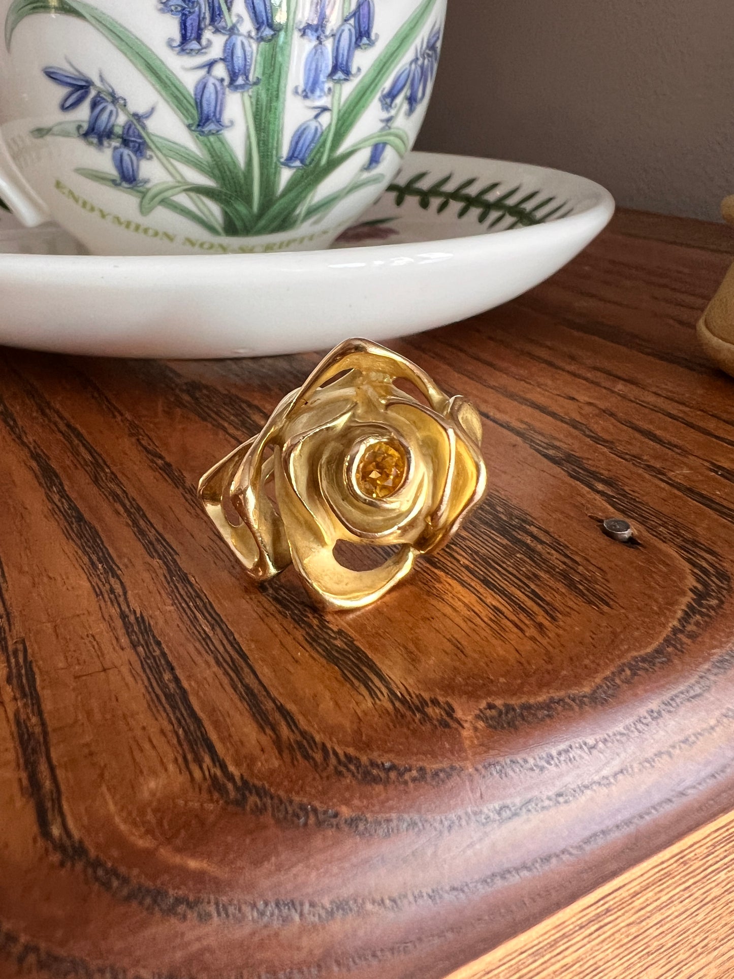 XL Figural ROSE Ring Very HEAVY 17.1g 18k Gold Solid Vintage Floral Yellow Sapphire Chunky