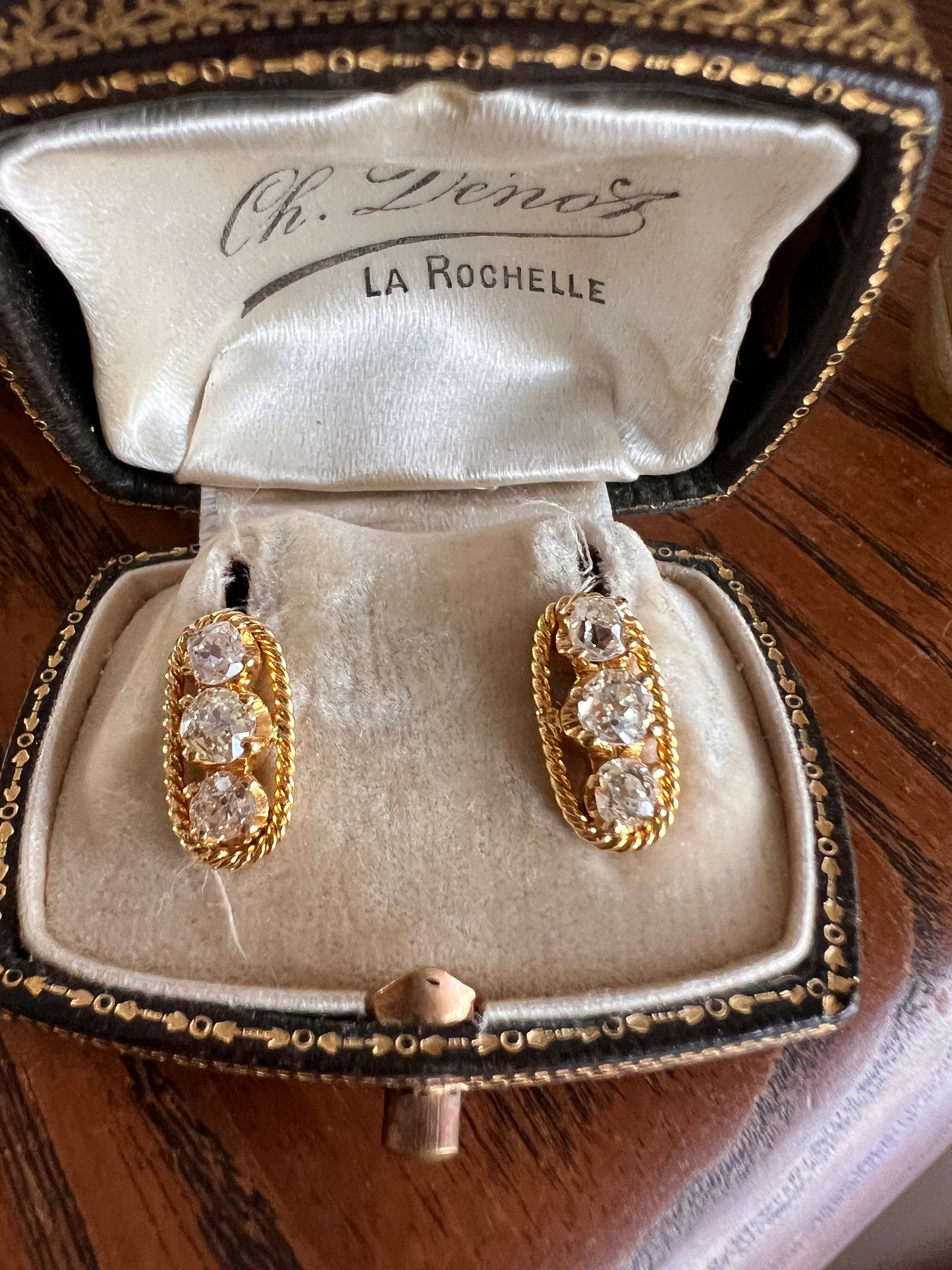 Three Stone 1.2 Carat Antique Old Mine Cut DIAMOND Stud Earrings 14k GOLD 1.2Ctw OMC
