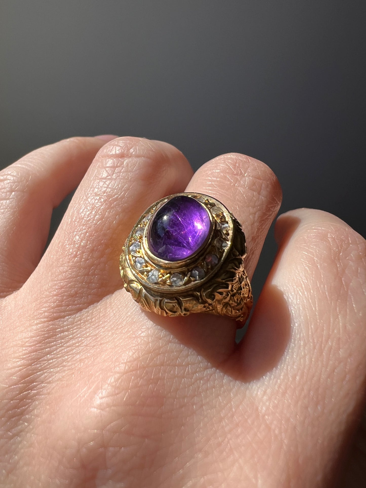 Heavy Vintage to Antique LOCKET Poison Ring Glowing Amethyst Top OPENS 18k Gold Purple Floral Rose Cut DIAMOND Halo