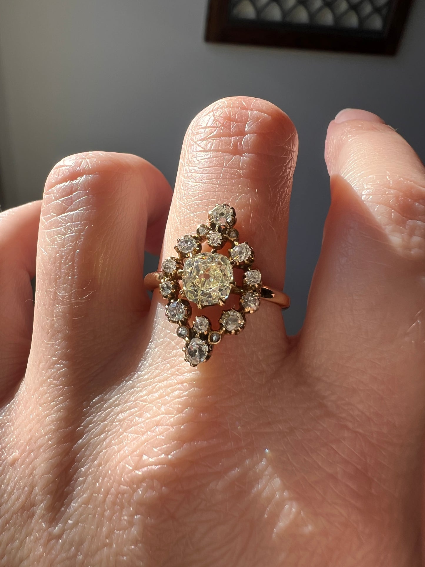 Antique 1.15 Carat Pale Light YELLOW & White Old Mine Cut DIAMOND Halo Cluster Ring 18k Gold