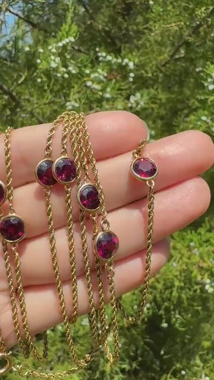 Victorian X Long Antique GARNET Station Chain Guard 67 Inch (!) 5.5 FEET 22g 14k GOLD Necklace Berry Pink Purple Neckmess Body Chain Gift