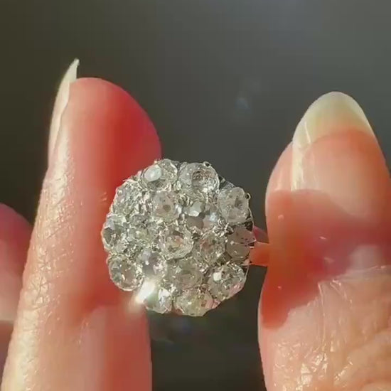Antique 1.75 Carat Chunky Old Mine Cut DIAMOND Cobblestone Cluster Ring 18k Gold Sparkly Texture Circular