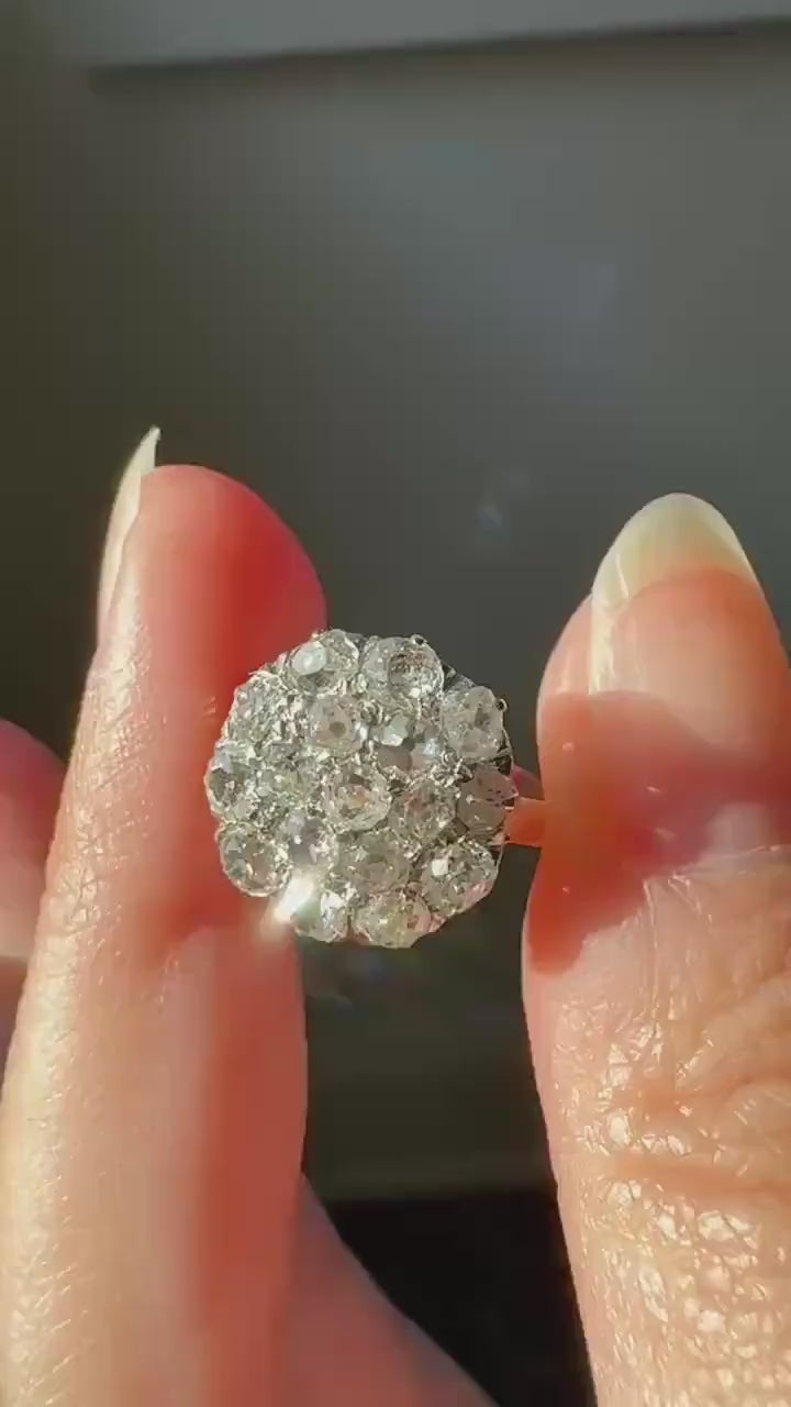 Antique 1.75 Carat Chunky Old Mine Cut DIAMOND Cobblestone Cluster Ring 18k Gold Sparkly Texture Circular
