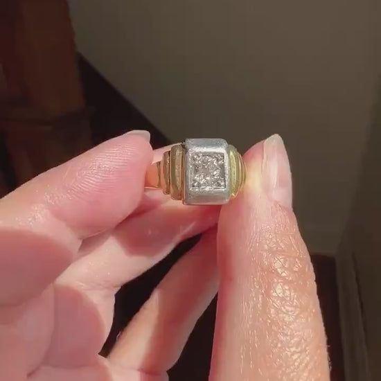 French Antique .4 Carat Old Mine Cut Clear DIAMOND Geometric Ring 18k GOLD Platinum Buttery Stepped Sides Chunky Stacker Gift Art Deco OmC
