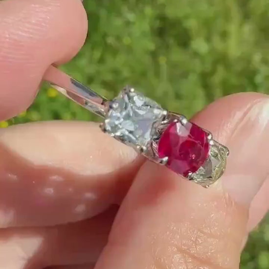 TALL Three Stone Square Old Mine Cut DIAMOND Natural Ruby 18k White Gold Ring Unique Stacker Setting Stackable Pinkish Red