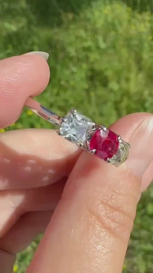 TALL Three Stone Square Old Mine Cut DIAMOND Natural Ruby 18k White Gold Ring Unique Stacker Setting Stackable Pinkish Red