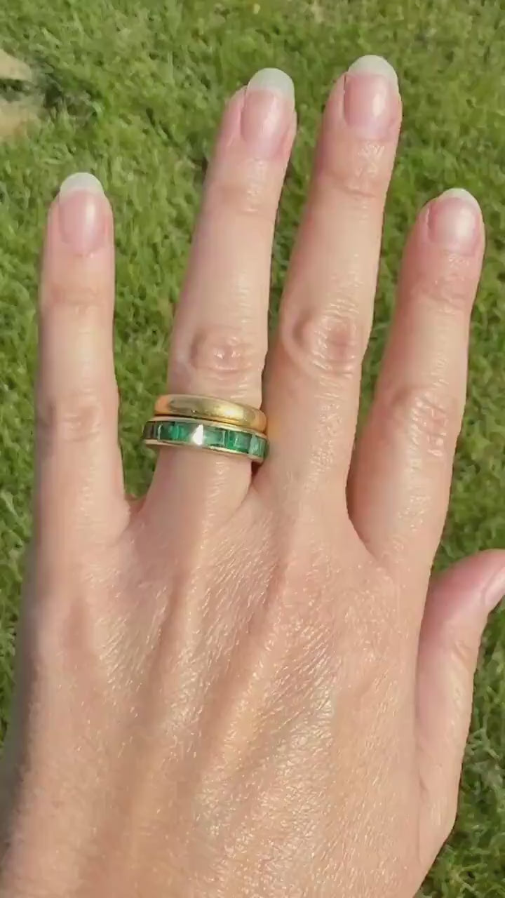 Vintage 5mm Channel Set 14 EMERALD Full ETERNITY Band Ring 18k Gold 2.25 Carat Skinny Line Stacker French Gift Rectangular Green Chunky