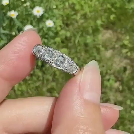 Antique 1.25 Carat Eye Clean Four Stone Old Mine Cut Diamond 18k White Gold French Band Romantic Gift Wedding Row Stacker Ringstack OMC