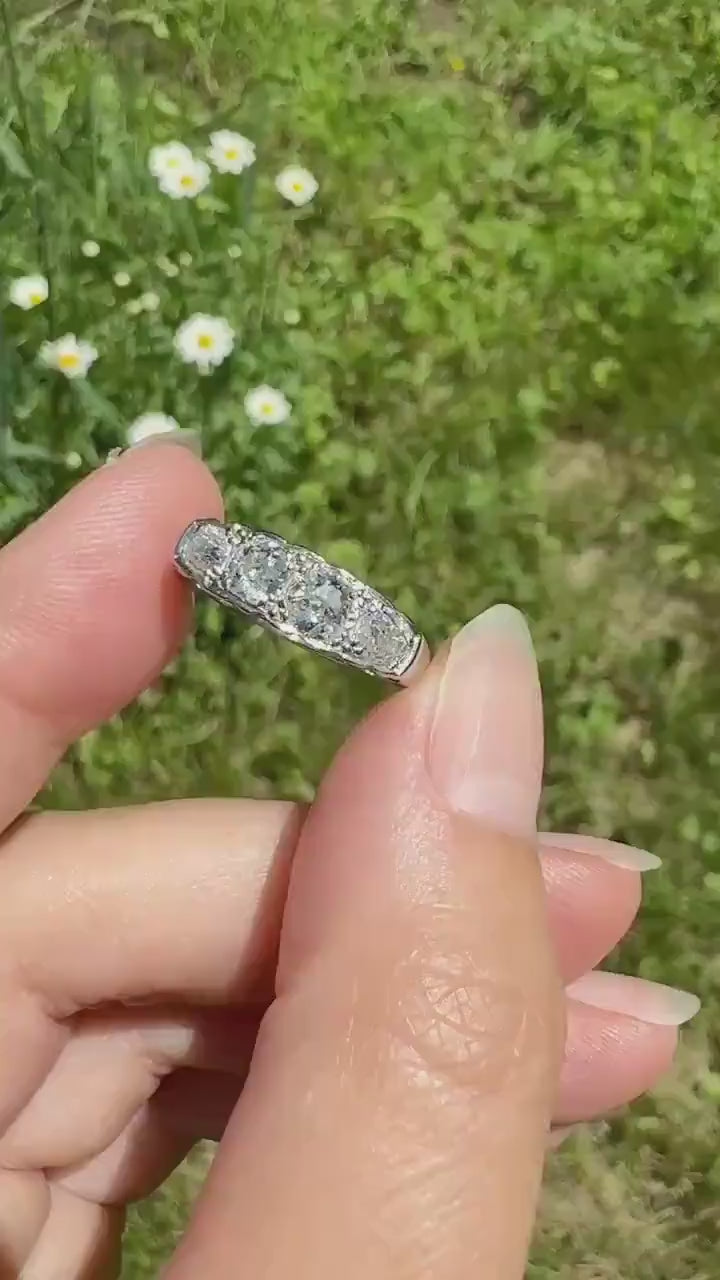 Antique 1.25 Carat Eye Clean Four Stone Old Mine Cut Diamond 18k White Gold French Band Romantic Gift Wedding Row Stacker Ringstack OMC