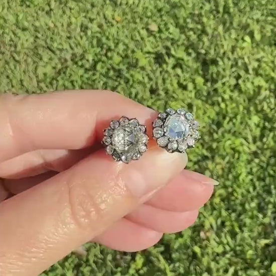 Gorgeous Rose Cut DIAMOND Cluster Stud Earrings Domed Disco Balls w/ Halo 14k Gold Silver Chunky Foiled Stones A+ Rainbow Glitter
