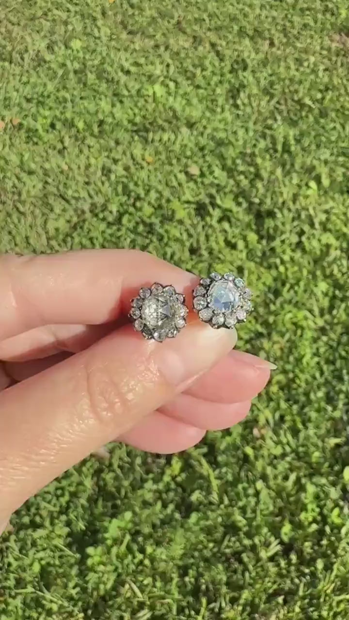 Gorgeous Rose Cut DIAMOND Cluster Stud Earrings Domed Disco Balls w/ Halo 14k Gold Silver Chunky Foiled Stones A+ Rainbow Glitter