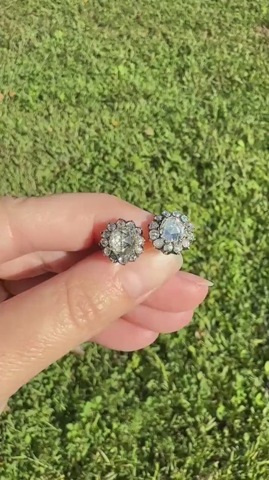 Gorgeous Rose Cut DIAMOND Cluster Stud Earrings Domed Disco Balls w/ Halo 14k Gold Silver Chunky Foiled Stones A+ Rainbow Glitter