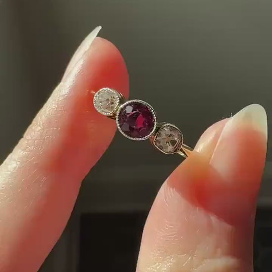 Antique Natural Pinkish Red Ruby Old Mine Cut Diamond Three Stone Band 18k Gold Platinum Ring Stacker