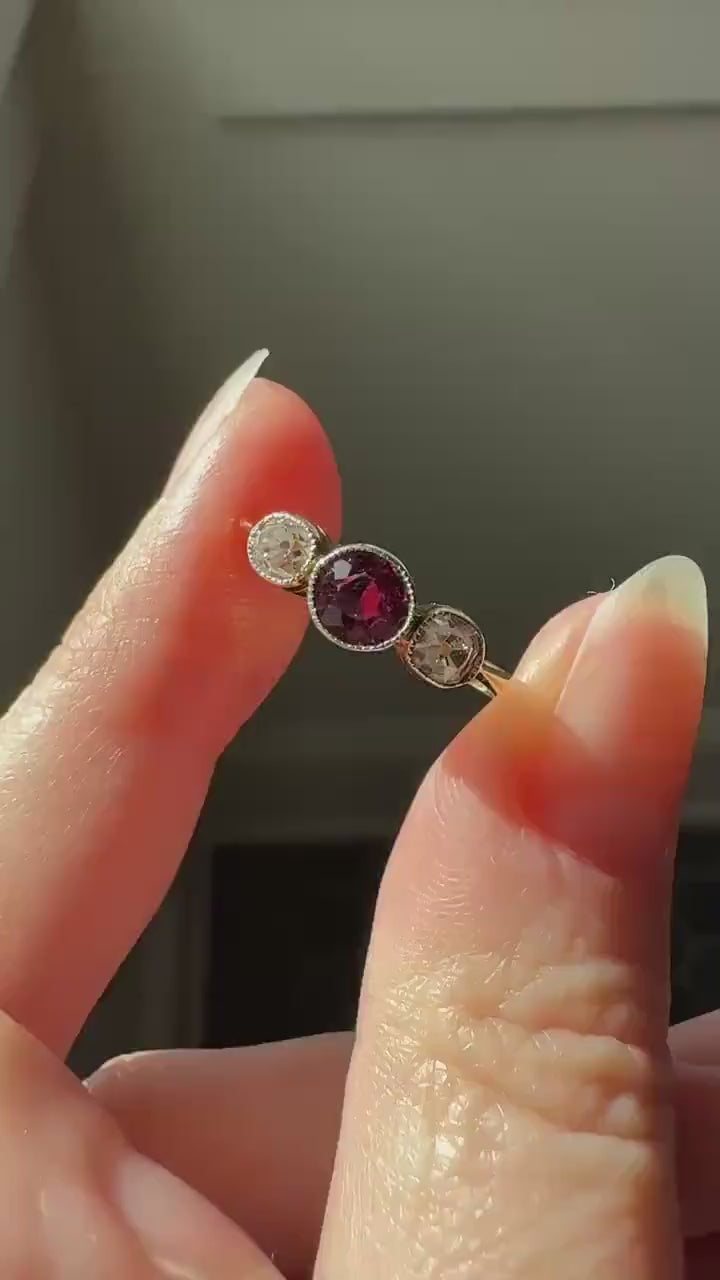 Antique Natural Pinkish Red Ruby Old Mine Cut Diamond Three Stone Band 18k Gold Platinum Ring Stacker