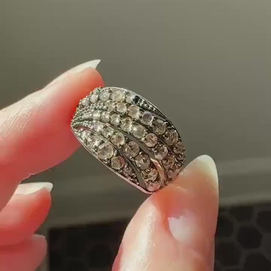 Swirl Wide Band Champagne Natural Rose Cut Diamond Vintage 9k Gold Solid Ring Stacker Linear Swoosh