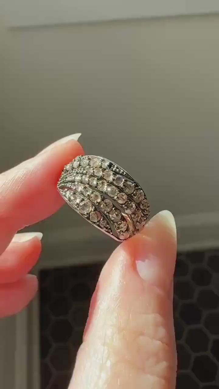 Swirl Wide Band Champagne Natural Rose Cut Diamond Vintage 9k Gold Solid Ring Stacker Linear Swoosh