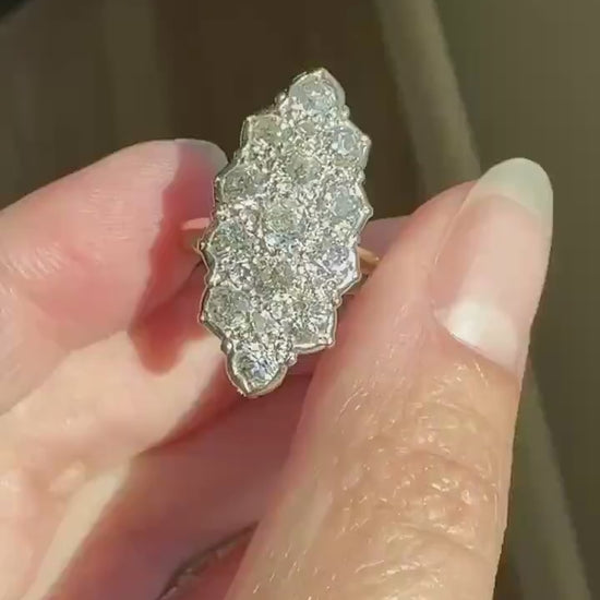TALL Unique 2.3 Carat Old Mine Cut DIAMOND Navette Cluster Ring French Vintage 18k White Gold Demi Bezel Halo Cobblestone Texture 2.3Ctw OMC