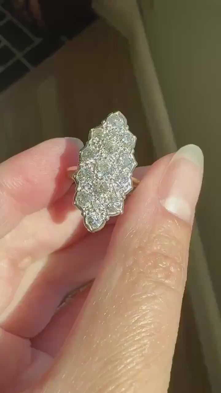 TALL Unique 2.3 Carat Old Mine Cut DIAMOND Navette Cluster Ring French Vintage 18k White Gold Demi Bezel Halo Cobblestone Texture 2.3Ctw OMC