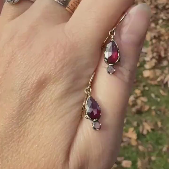 Teardrop Dangles Antique PERPIGNAN GARNET Earrings 18k Gold 14k Ear Wires French Dormouse Rose Cut Closed Back Almandine Glowing