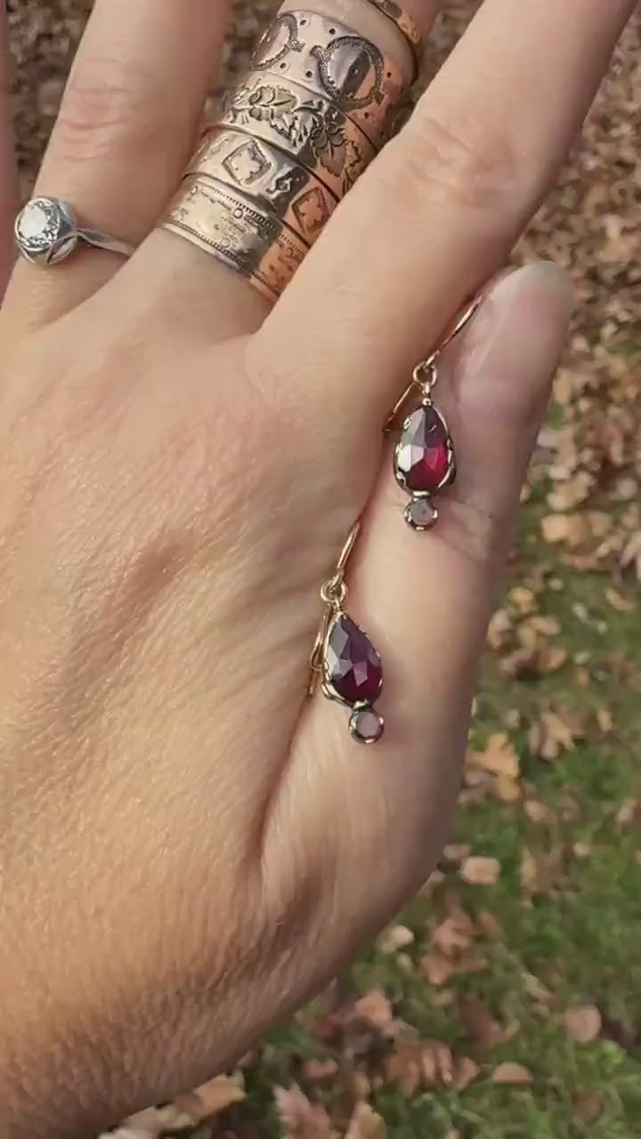 Teardrop Dangles Antique PERPIGNAN GARNET Earrings 18k Gold 14k Ear Wires French Dormouse Rose Cut Closed Back Almandine Glowing