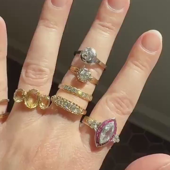 Antique Pinkish Purple Rhodolite Old Cut GARNET Three Stone Ring Victorian 18k Gold Stacker Band
